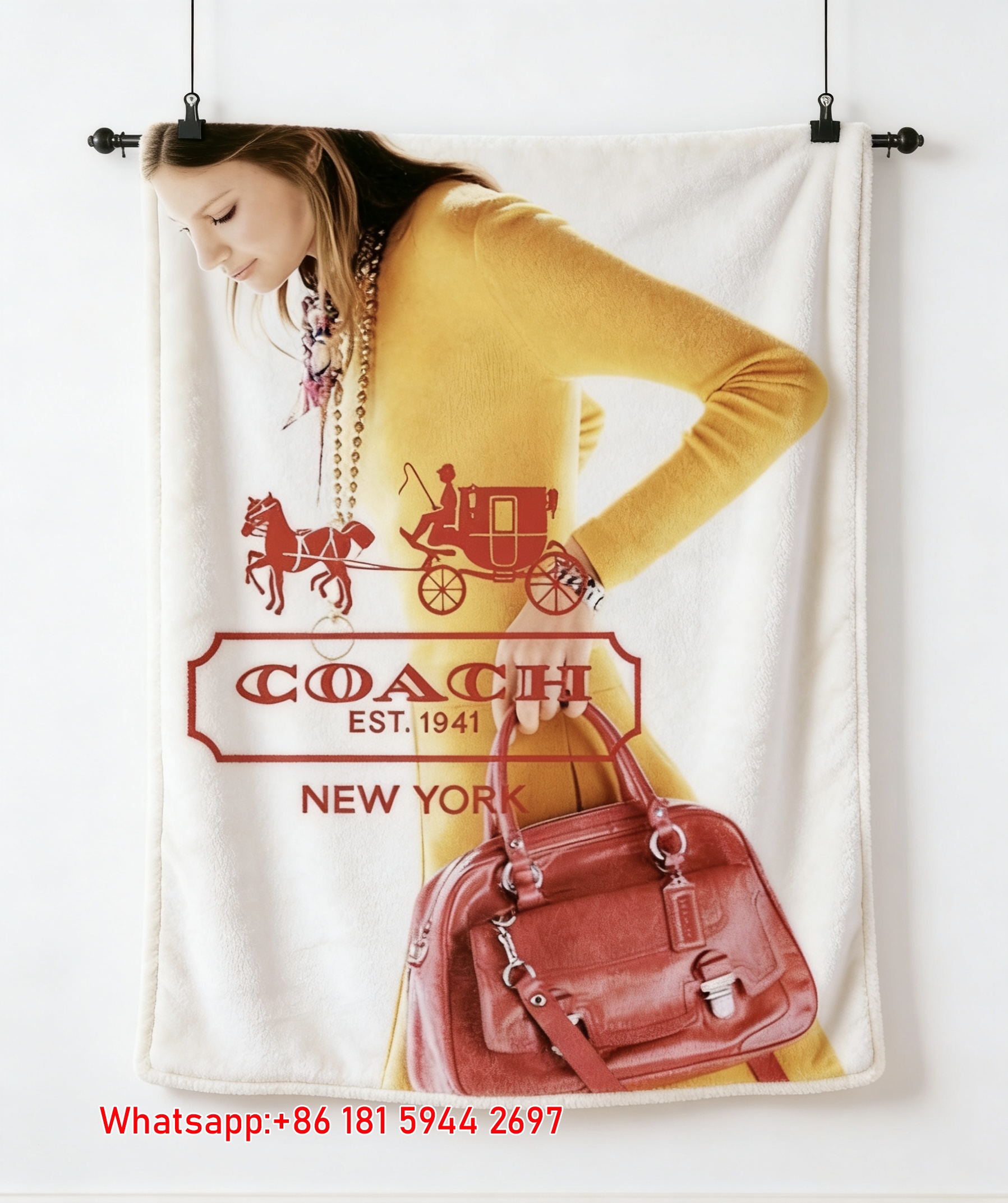 Coach Red Leather Handbag Print Flannel Fleece Throw Blanket C058